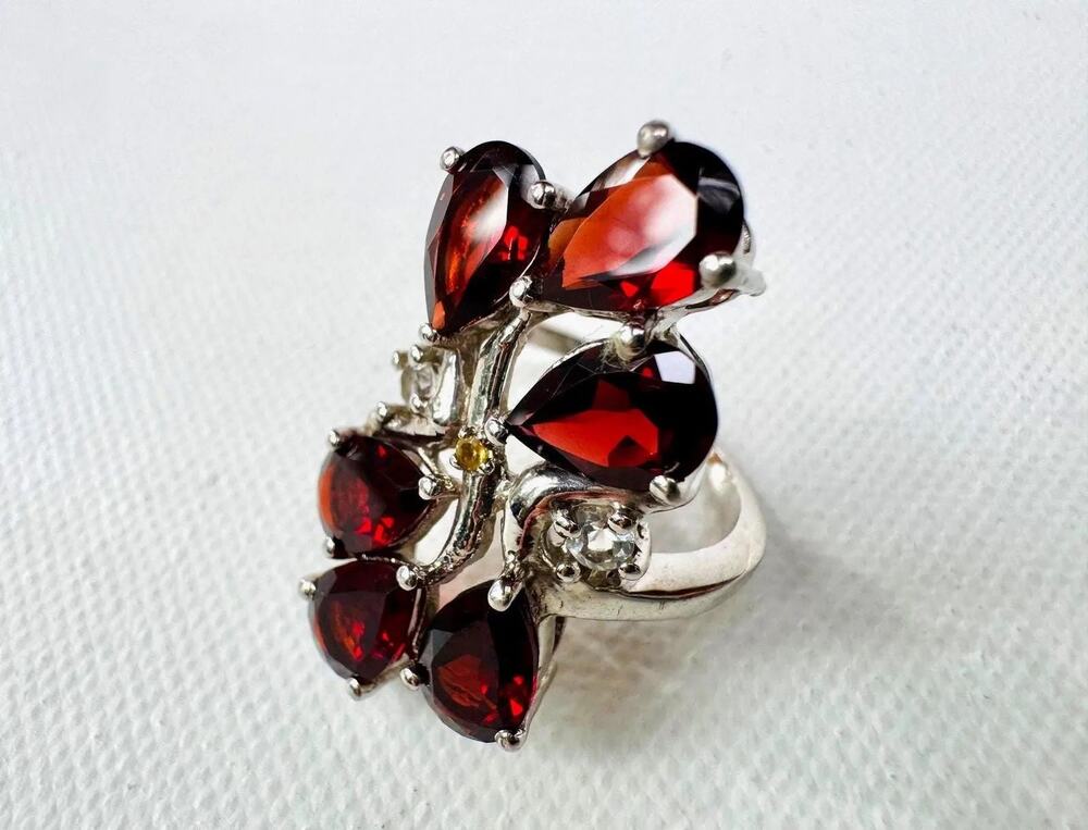 925 Sterling Silver Garnet-Color Cluster Cocktail Ring Size 6.5
